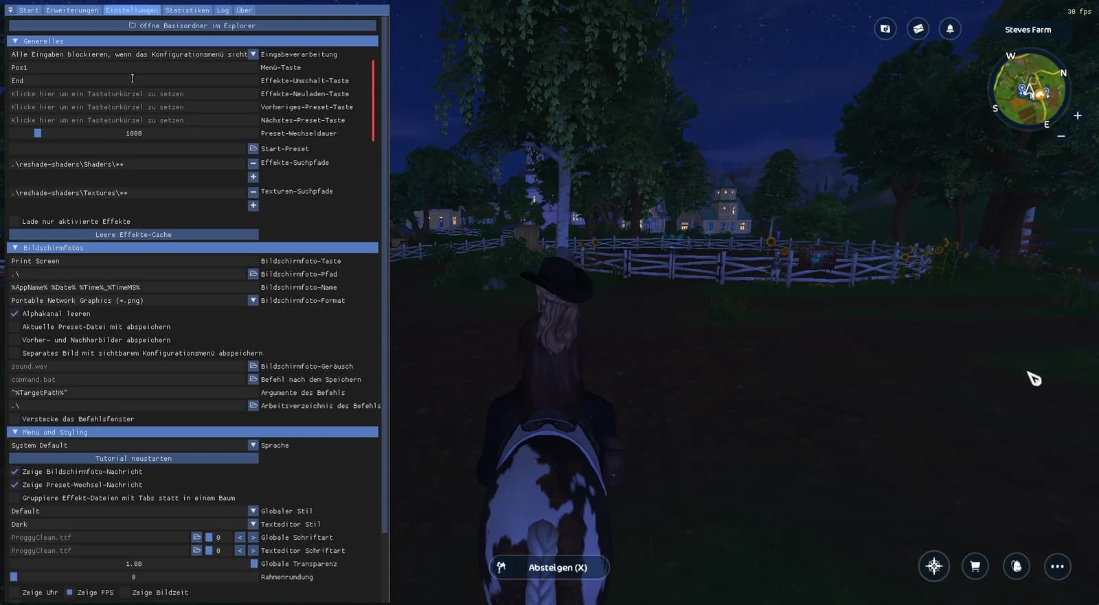 Reiter Einstellungen im ReShade-Menü mit den Tastenbelegungen und Suchpfaden