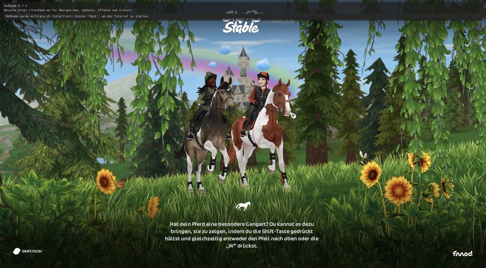 Ladebildschirm von Star Stable Online mit der Meldung, dass ReShade erfolgreich installiert wurde