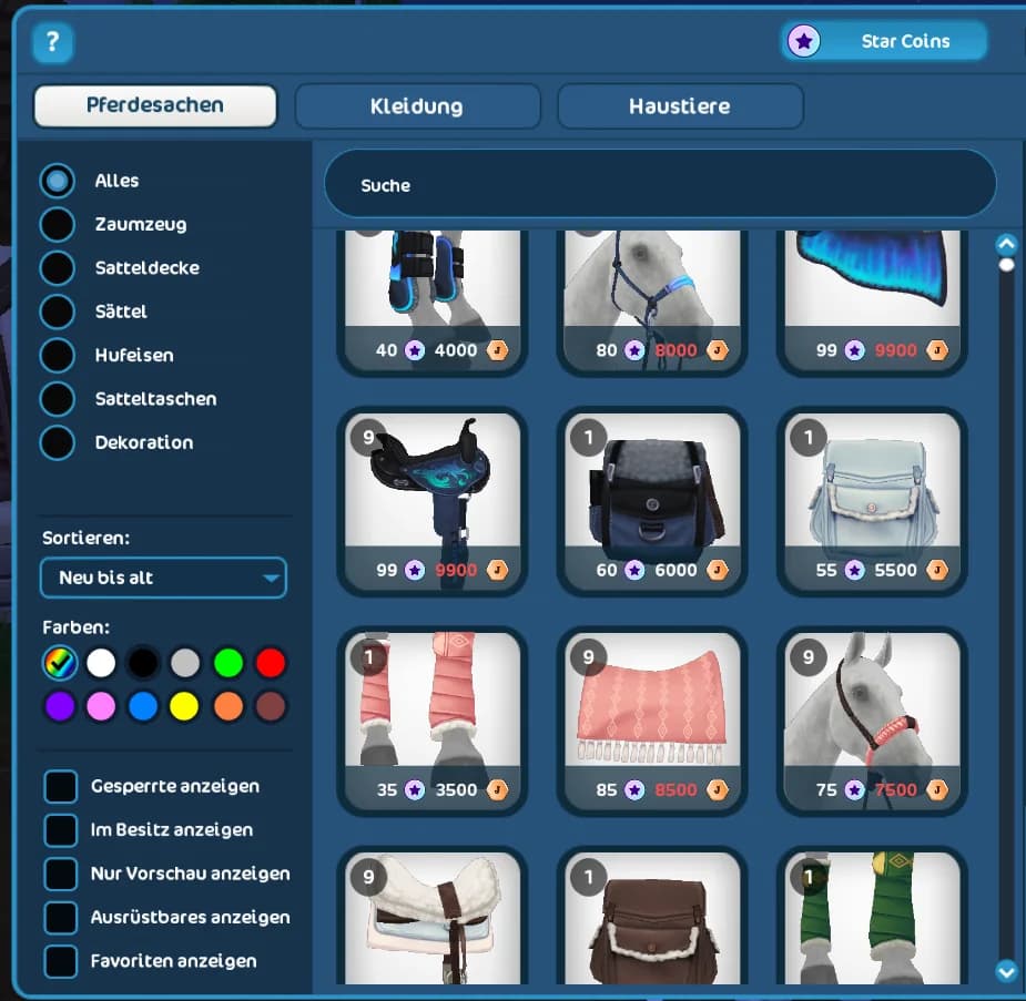 Shop in Star Stable Online mit Pferdeausrüstung und Preisen in Star Coins und Jorvik Shillings