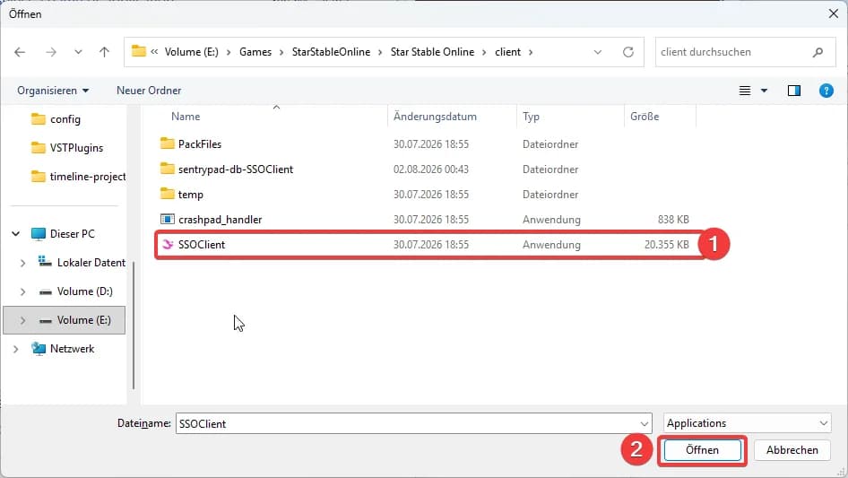 Auswahlfenster im Ordner client mit markierter Datei SSOClient und der Schaltfläche Öffnen