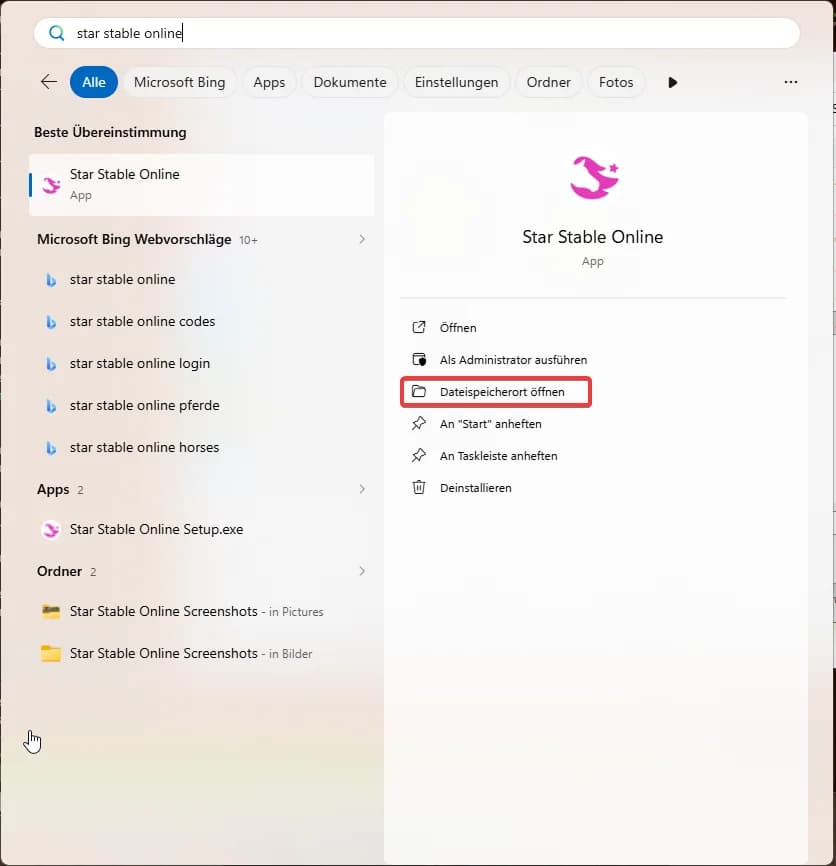 Windows-Suche mit Star Stable Online und dem hervorgehobenen Eintrag Dateispeicherort öffnen