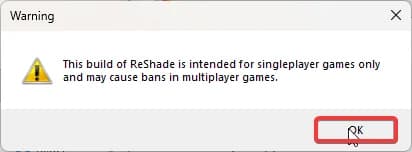 Warnhinweis der Add-on-Fassung von ReShade mit der Schaltfläche OK