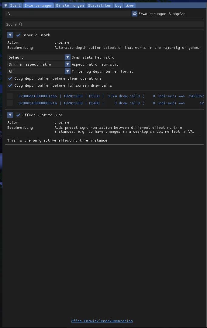 Reiter Erweiterungen im ReShade-Menü mit dem Add-on Generic Depth und der Liste der erkannten Tiefenpuffer