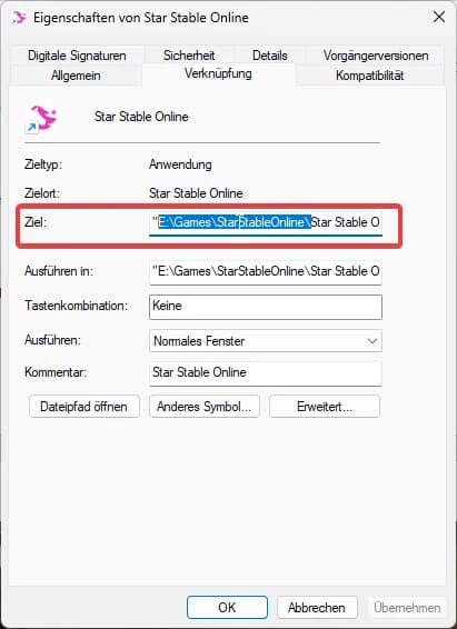Eigenschaften der Verknüpfung von Star Stable Online mit hervorgehobenem Zielpfad