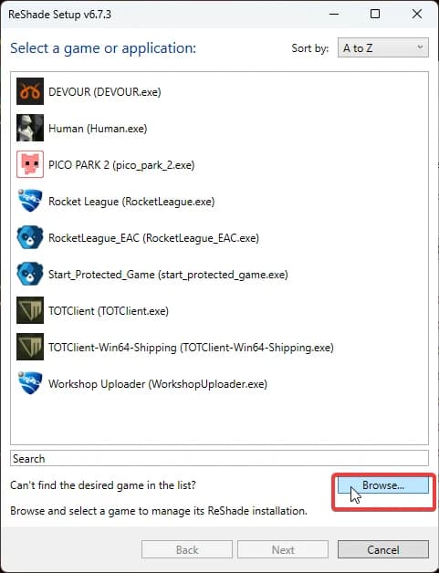 ReShade-Setup mit der Liste gefundener Spiele und der hervorgehobenen Schaltfläche Browse