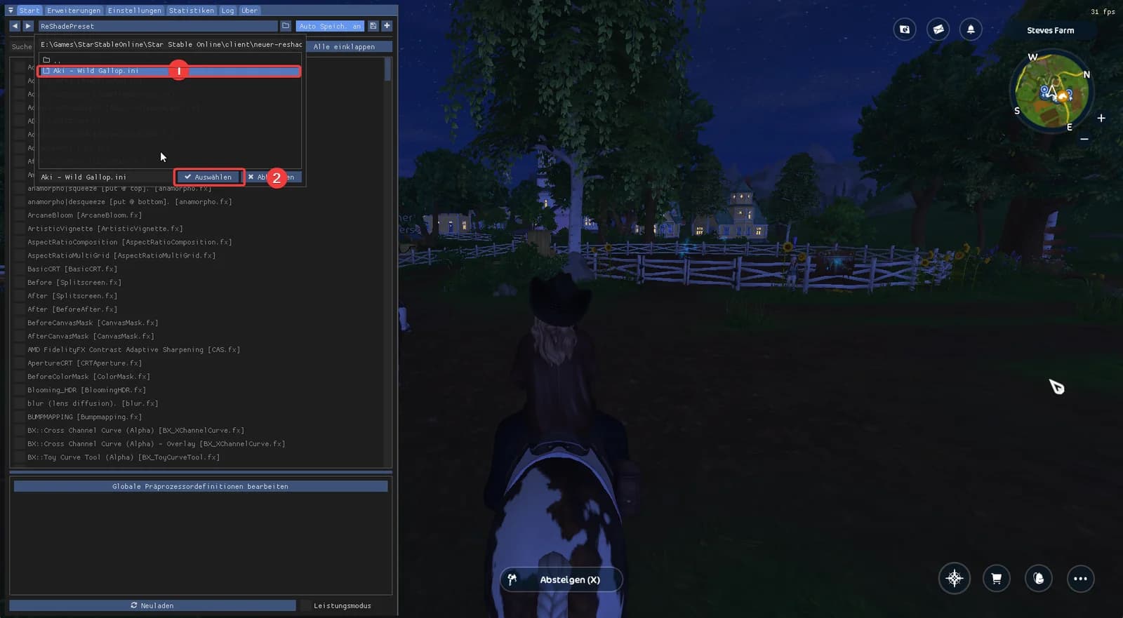 ReShade-Menü im Spiel mit geöffneter Dateiliste und markierter Preset-Datei