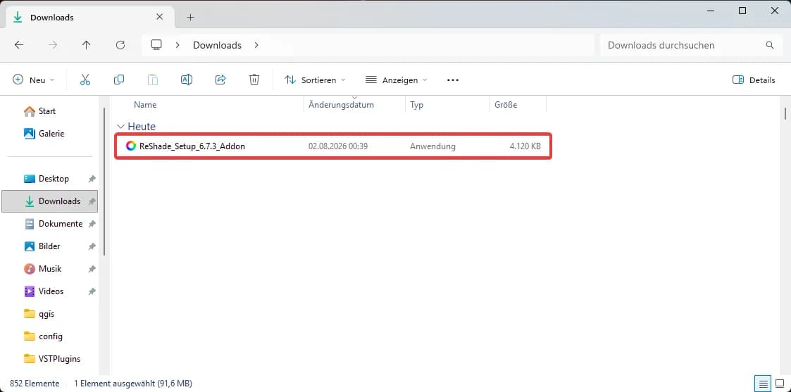 Download-Ordner im Windows-Explorer mit der hervorgehobenen Setup-Datei von ReShade