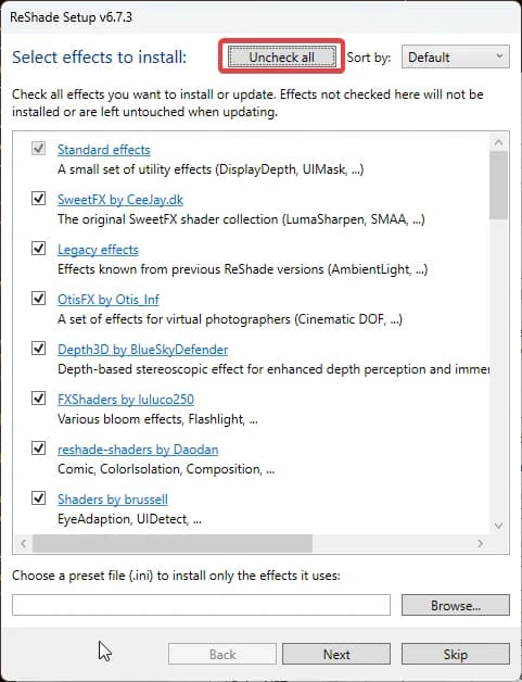 Auswahl der Effektsammlungen im ReShade-Setup mit hervorgehobener Schaltfläche Uncheck all