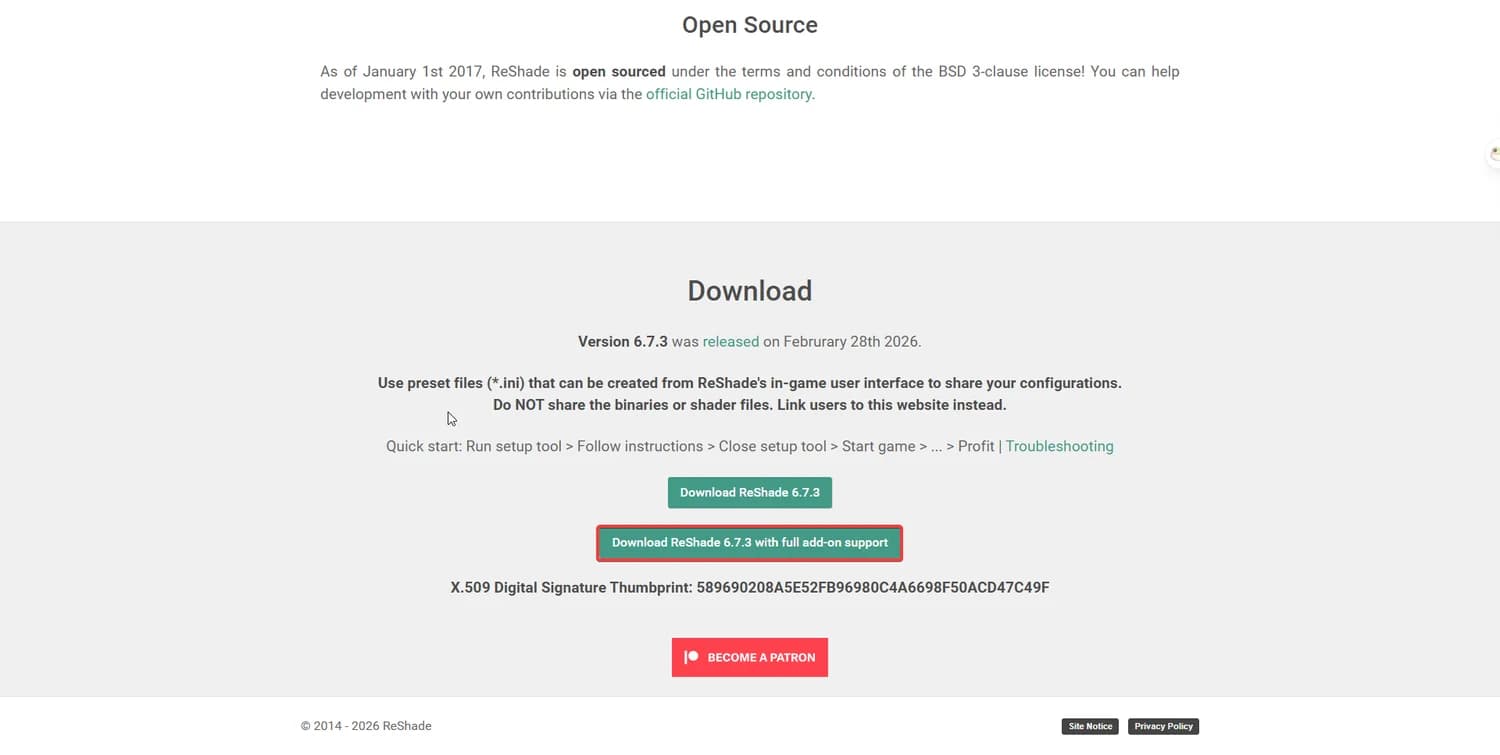 Downloadbereich auf reshade.me mit der hervorgehobenen Schaltfläche für die Fassung mit voller Add-on-Unterstützung