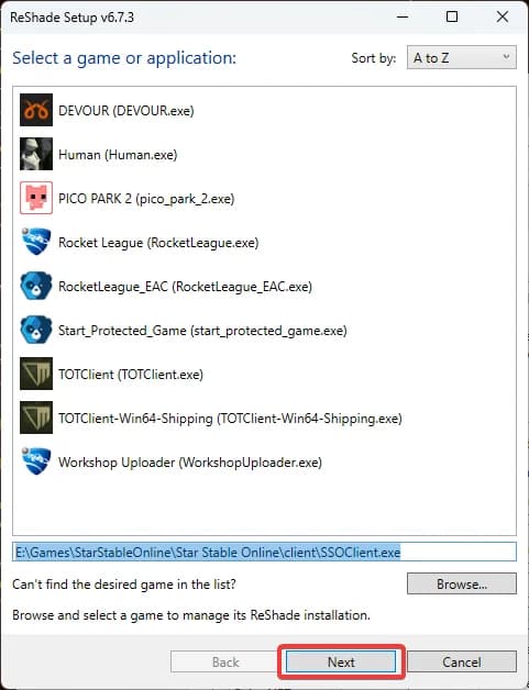 ReShade-Setup mit eingetragenem Pfad zur SSOClient.exe und hervorgehobener Schaltfläche Next