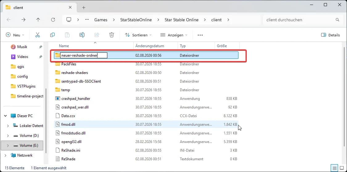 Ordner client im Windows-Explorer mit einem neu angelegten Ordner für Presets
