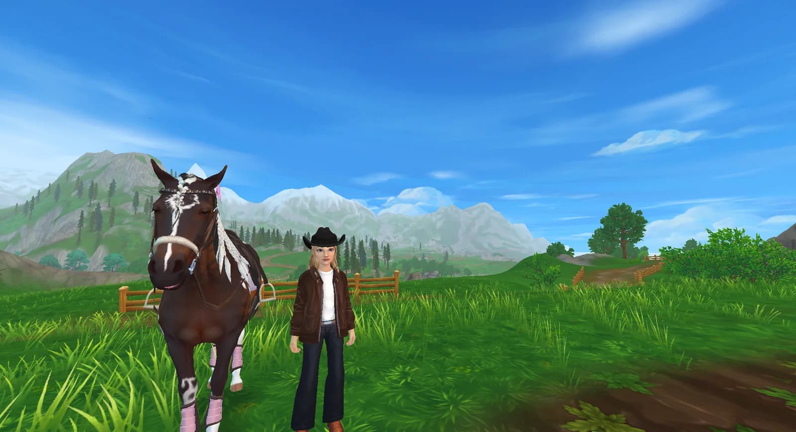Spielfigur mit ihrem Pferd auf einer Weide in Star Stable Online, im Hintergrund Berge